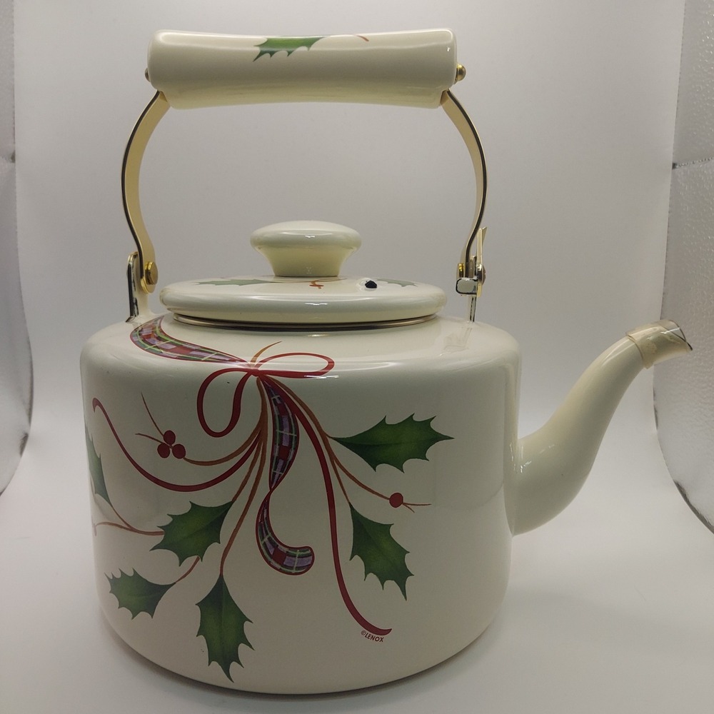 Lenox Holiday Nouveau Enamel Teakettle Christmas Holly Ribbon Made Thailand